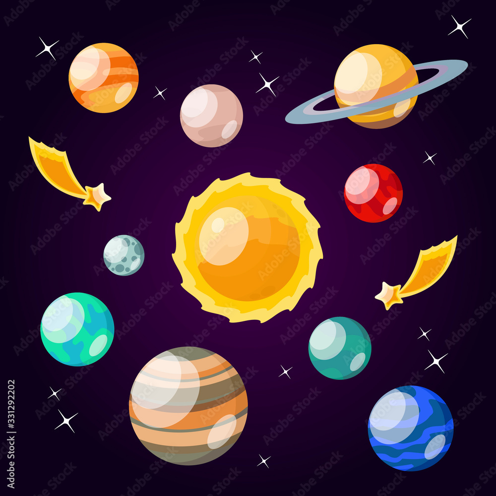 Poster Cartoon Color Solar System Element Icon Set. Vector