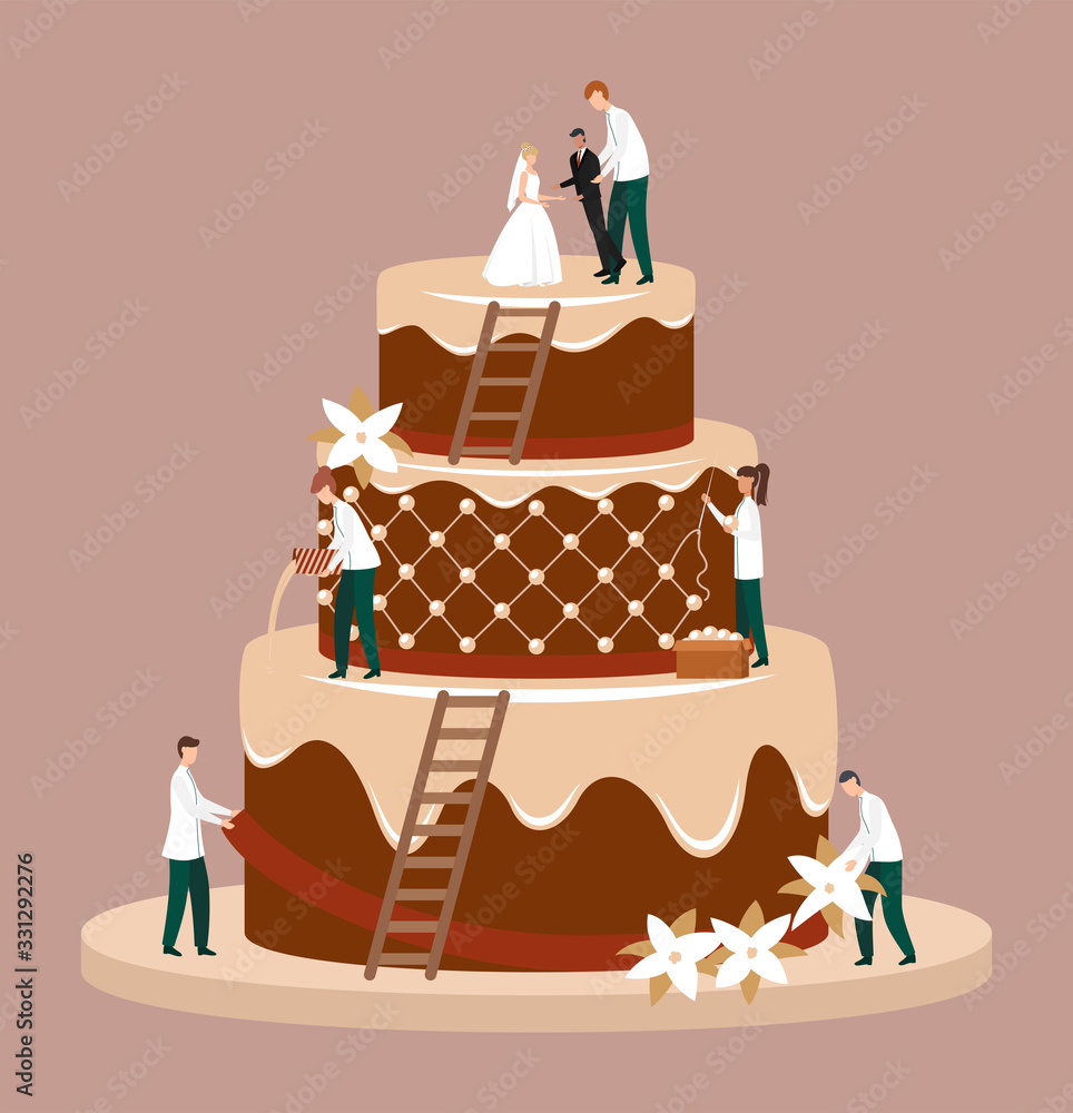 Wall mural Cartoon Color Characters People Wedding Cake Concept. Vector