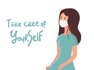 Girl in medical mask vector illustration. take care of yourself. Flat female character. young woman wearing anti virus face mask. Coronavirus, epidemic, healthy life, medicine, protection