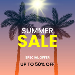 Obraz premium Summer sale banner, special offer, up to 50% off. Palm trees and sun. Vector illustration.