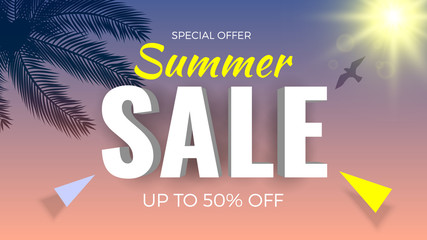 Summer sale banner, special offer, up to 50% off. Tropical background with palm branches and sun. Vector illustration.