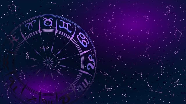 Rotating Round Frame with Zodiac Signs. Animated Horoscope Symbol. Panoramic Sky Map of Hemisphere. Colorful Constellations on Starry Night Background. Loop Seamless Stock Footage. 3D Graphic