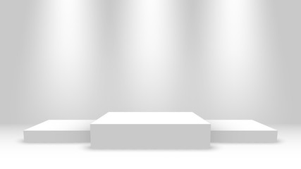 White winners podium with spotlights. Stage for awards ceremony. Pedestal. Vector illustration.