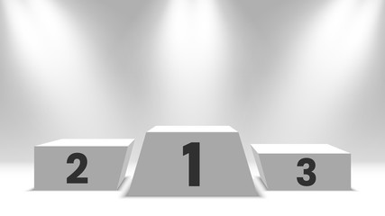 White winners podium. Pedestal with spotlights. Vector illustration.
