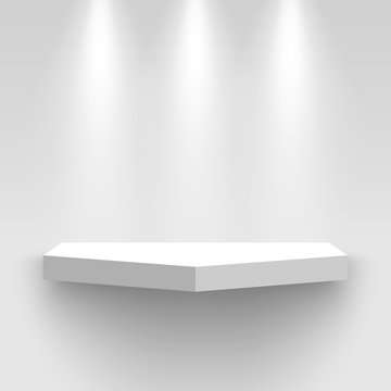 White exhibition stand on wall, illuminated by spotlights. Pedestal with shadow. Shelf. Vector illustration. © Albert999