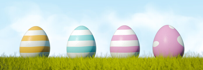 Row of Easter eggs on grass with a sky background - 3D illustration