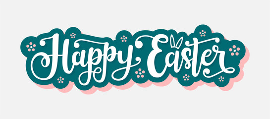 Obraz premium Happy Easter vector illustration with lettering typography. Logotype with hand drawn celebration text on grey background. Easter festive design for poster, banner, flyer, badge, greeting card, sticker