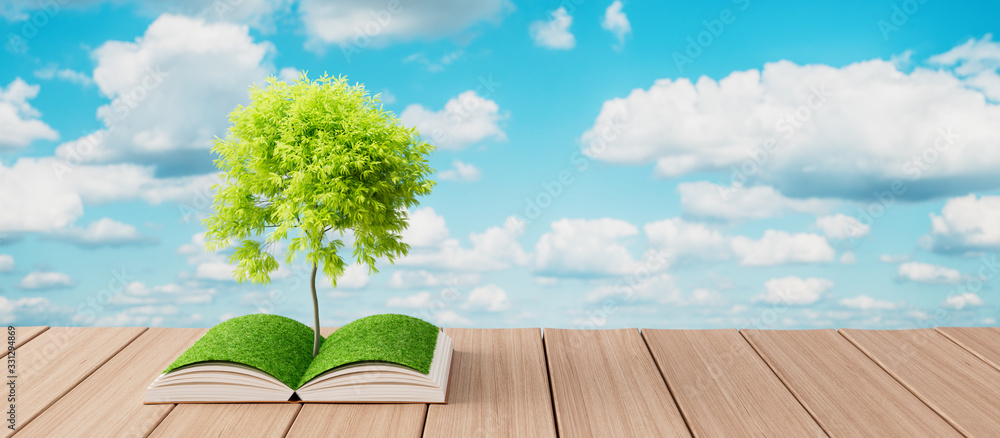 Wall mural tree growing from open book on wooden table, knowledge concept 3d render 3d illustration