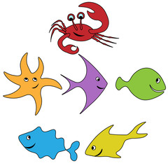 funny figures set of fishes and crab smiling pattern