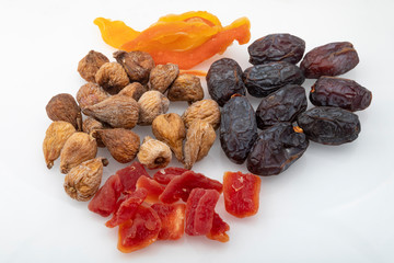 scrambled with dried fruits on a white background