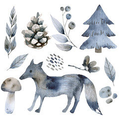 Fototapeta premium Cute forest watercolor symbols with woody landscape. Scandinavian decorative illustration.