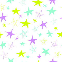 Multicolored stars on a white background. Seamless vector pattern.. Decoration for gift wrapping paper, fabric, clothing, textiles, surface textures, scrapbook