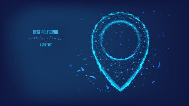 Concept of successful navigate, delivery, transportation, map location, transport logistic. Polygonal map pointer or GPS pinfrom triangles and luminous points. Background of beautiful blue night sky