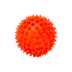 Red bright isolated on white spiny ball. Toy, close-up. Coronavirus model.