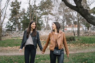 Women holding hands and looking each other