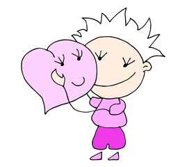 Valentine's Day. Cute hand drawn Boy with big heart isolated on a hearts background. Vector illustration.	