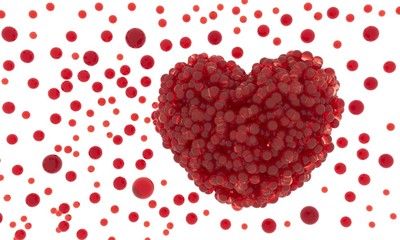 Heart - 3d render illustration. Valentine day holiday poster. Candy bubbles Red heart shape. Symbol of love, romance, anniversary. Viruses try to enter bloodstream. Blood poisoning, organ donation.