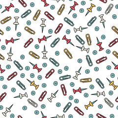 Seamless vector pattern with paper clips and push pins in doodle style. Hand drawn design background for wrapping paper  or textile.