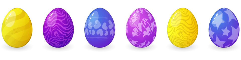 Set of vector colored Easter eggs with different textures isolated on a white background for decoration of Easter cards and greetings. Collection of cartoon eggs of different colors with highlights