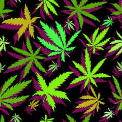 Colorful seamless background with green and purple hemp leaves on a black background. Hemp drawn by hand. Decoration for products using medicinal hemp. Vector eps10