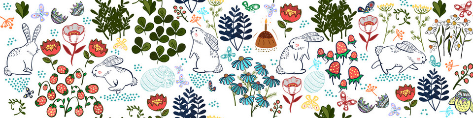 Handdrown Easter background with eggs, chicken, rabbit and flowers.