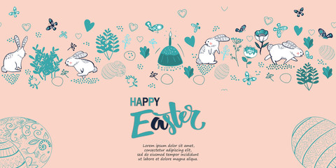 Fototapeta na wymiar Handdrown Easter background with eggs, chicken, rabbit and flowers.