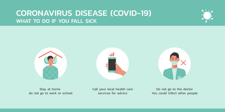 Coronavirus Disease What To Do If You Fall Sick Infographic Concept, Healthcare And Medical About Flu And Virus Prevention, Vector Flat Symbol Icon, Layout, Template Illustration In Horizontal Design