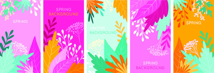 Vector bright banners with leaves and plants - backgrounds with copy space for text - spring backgrounds for card, banner, poster, advertising  and greeting - backgrounds with copy space for text