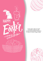 Handdrown Easter background with eggs, chicken, rabbit and flowers.