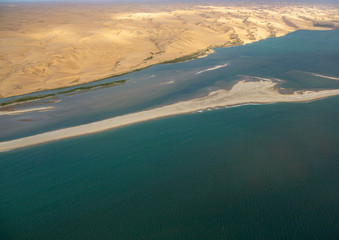Aerial picture of the landscape of the Namib Desert and the Atlantic Ocean on the Skeleton Coast in western Namibia
