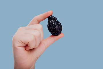 Prune dry. child hand holding dried plum resting isolated on blue background, close up