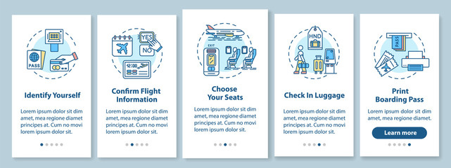 Self check in onboarding mobile app page screen with concepts. Airport self service terminal walkthrough five steps graphic instructions. UI vector template with RGB color illustrations