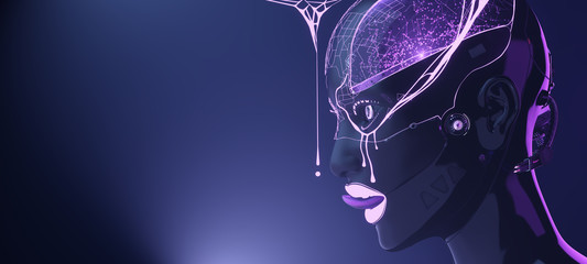 Female cyborg face with pink neon liquid drops, artificial intelligence futuristic robotic art, 3d...