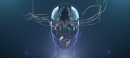 Cybernetic brain in robot head, female face with golden paint on it, futuristic concept art of artificial intelligence network with copyspace, 3d render