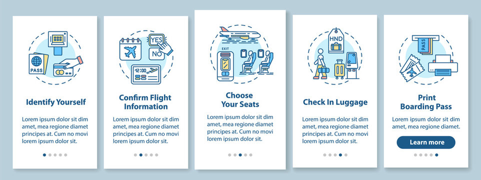 Self Check In Onboarding Mobile App Page Screen With Concepts. Airport Self Service Terminal Walkthrough Five Steps Graphic Instructions. UI Vector Template With RGB Color Illustrations