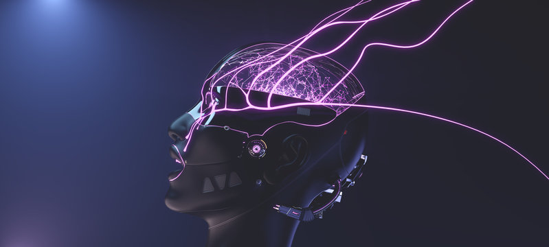 Female cyborg face with pink neon lines on foggy background, futuristic robotic art, 3d render