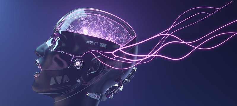 Female cyborg face with pink neon lines, futuristic robotic art, 3d render