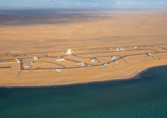 Aerial picture of Afrodite Beach at the Atlantic Ocean on the Skeleton Coast in western Namibia