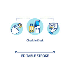 Check in kiosk concept icon. Airport self service terminal idea thin line illustration. Freestanding panel for luggage registration. luggage Vector isolated outline RGB color drawing. Editable stroke