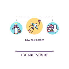 Low cost carrier concept icon. Budget tourism, economy class travel idea thin line illustration. Affordable airline company service. Vector isolated outline RGB color drawing. Editable stroke