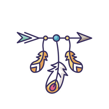 recommend clip art: Arrow and feathers in boho style RGB color icon. Native American Indian mystic symbol. Dreamcatcher talisman. Bohemian vintage accessory. Ethnic decoration. Isolated vector illustration