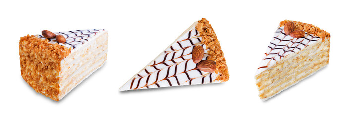Esterhazy cake decorated with almonds on a white isolated background