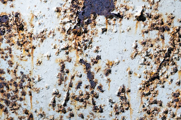 Rusty metal wall with cracked white paint