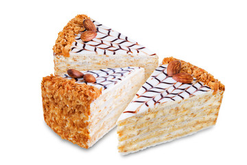 Esterhazy cake decorated with almonds on a white isolated background