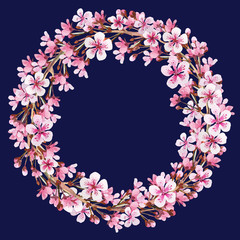 Wreath frame with flowers and buds of sakura on dark blue. Background for wedding invitations, congratulations, messages, save date, cards.