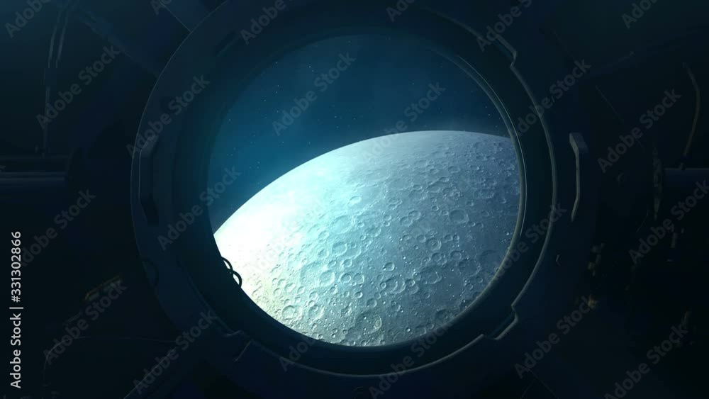 Poster the surface of the moon from the porthole of a spaceship.