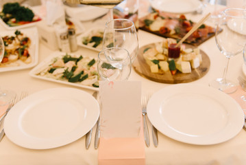 Decor of wedding and buffet tables, Seating card, copy space