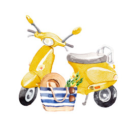 Watercolor hand painted retro hipster scooter with beach bag fashion illustration isolated on white background © Salnikova Studio