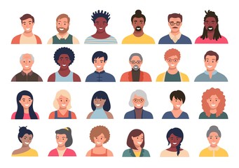 Set of persons, avatars, people heads of different ethnicity and age in flat style. Multi nationality social networks people faces collection. - 331303023