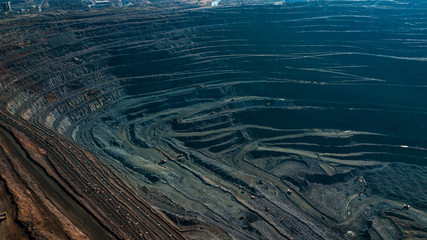 Aerial view of the Iron ore mining, Panorama of an open-cast mine extracting